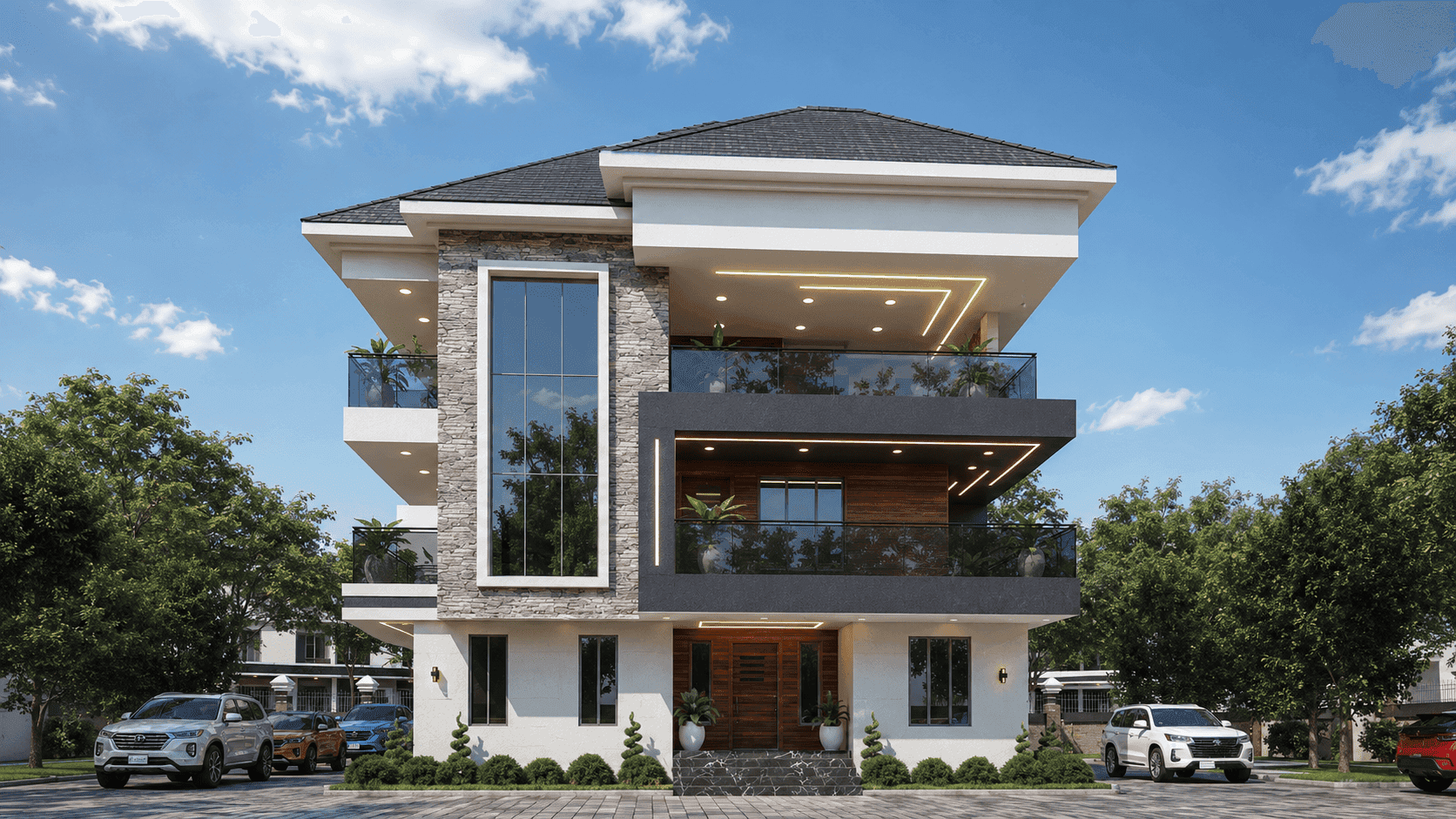 Grand 9-Bedroom Luxury Triplex with Three Attached 2-Bedroom Apartments, Multiple Balconies & Spacious Front Terraces-1